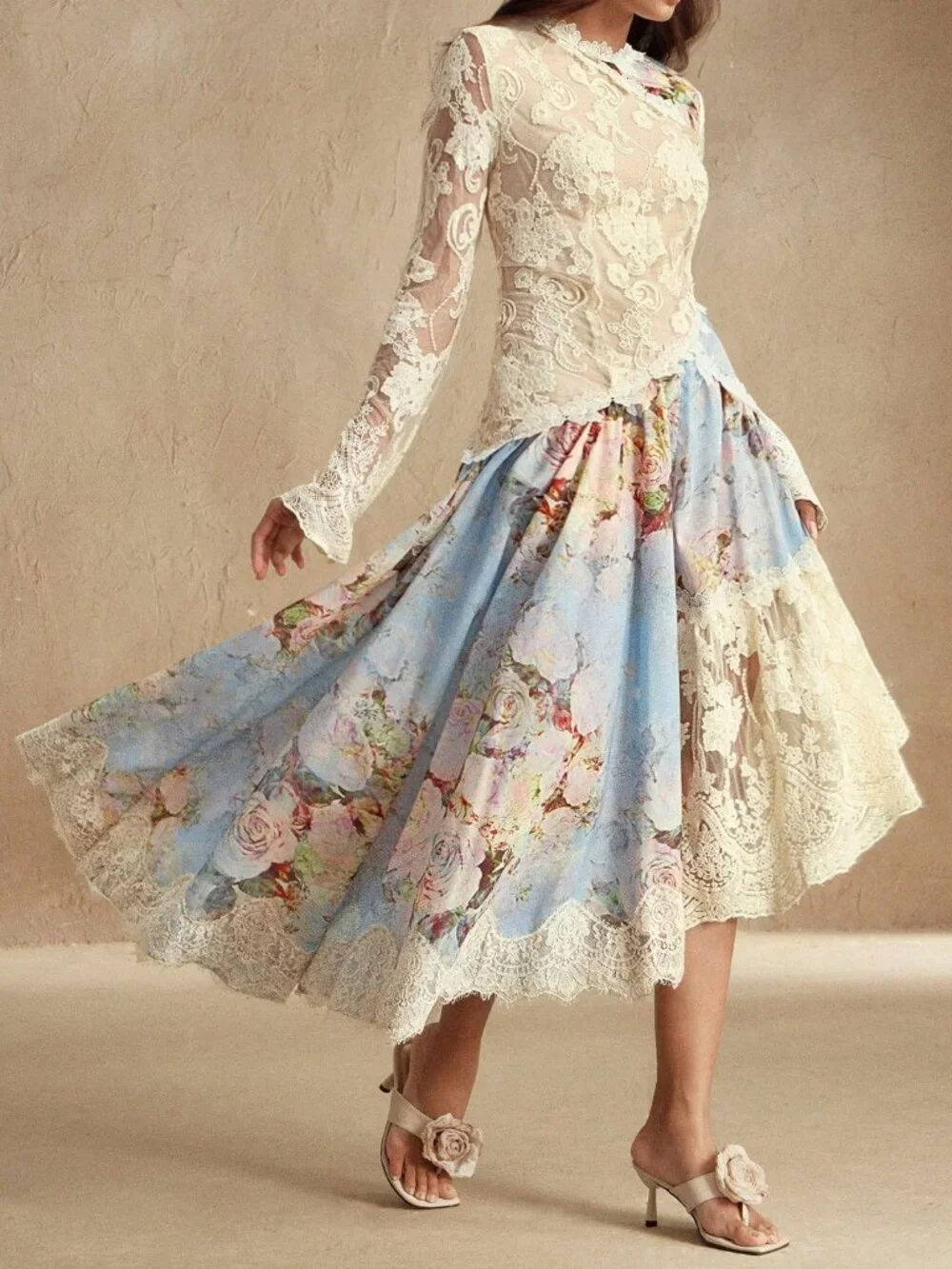 Blue Elegant Women's Romantic Lace Patchwork Woven Dress - Picture 3 of 7